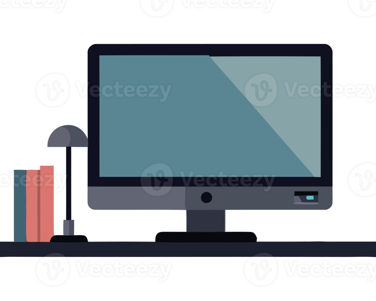 Computer monitor, lamp, books, and mouse png