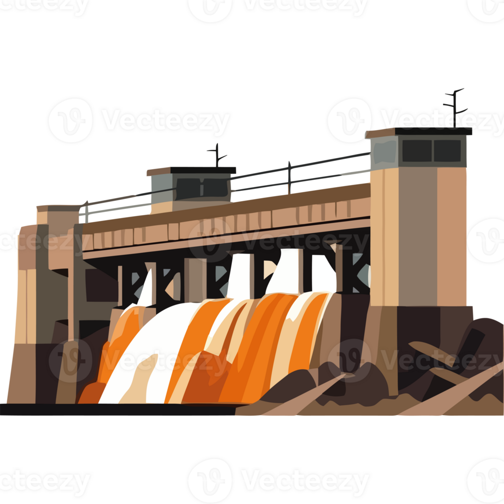 A cartoon illustration of a dam with water flowing over it png