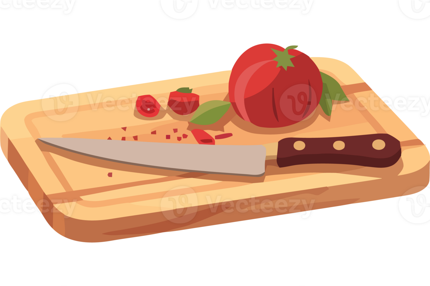 A knife and tomato on a cutting board png