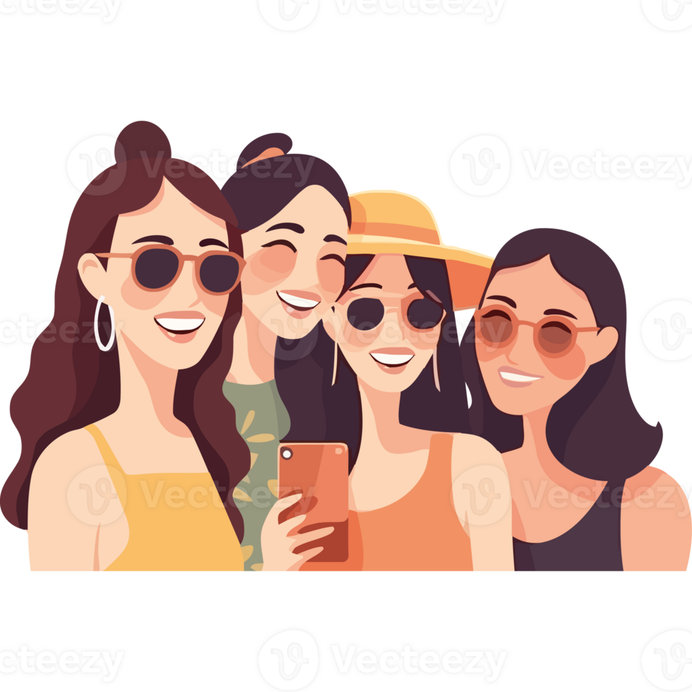 Three women with sunglasses and hats are taking a selfie png