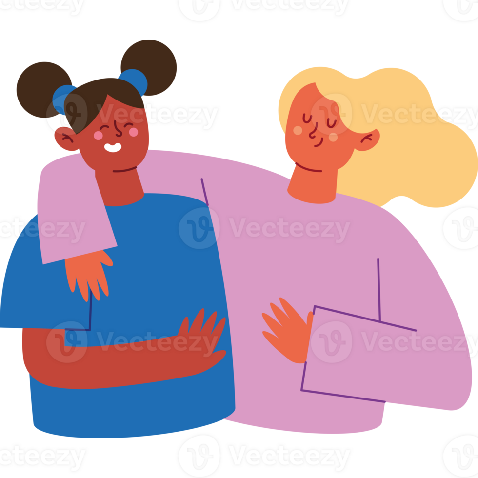 Two women hugging each other, one is wearing a blue shirt and the other is wearing a purple png