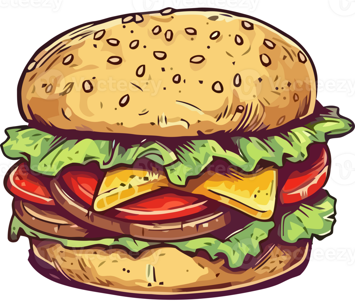 A hamburger with cheese, lettuce and tomatoes png