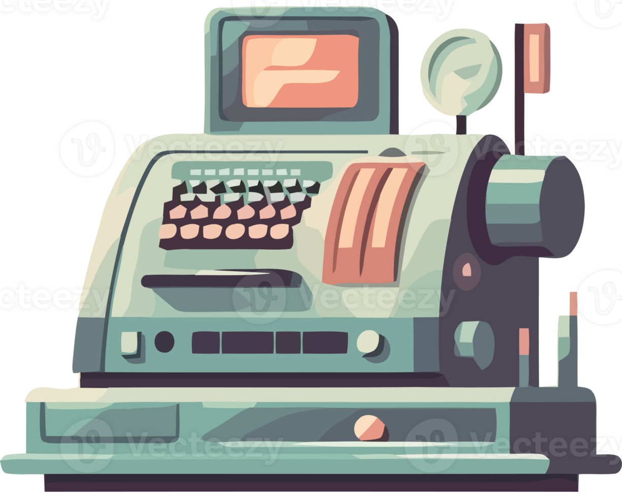 An old style cash register with a computer on top png