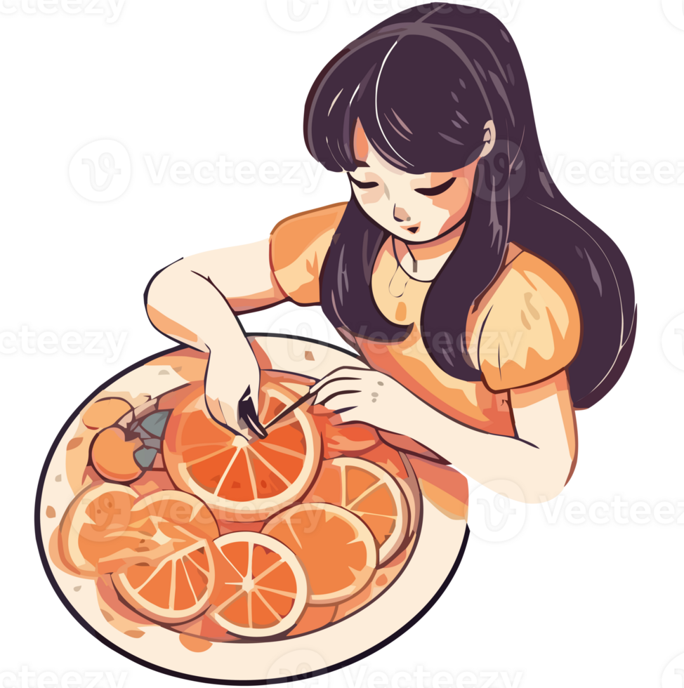 A girl cutting oranges into slices on a plate png
