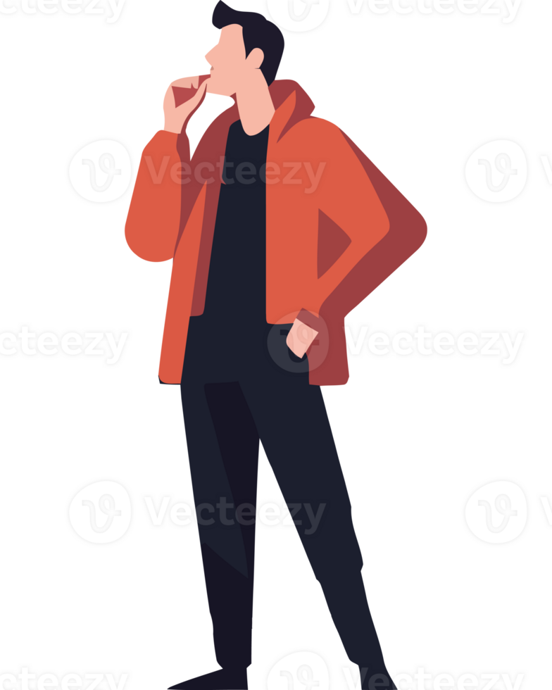 Man in a jacket standing with his hand on his mouth png