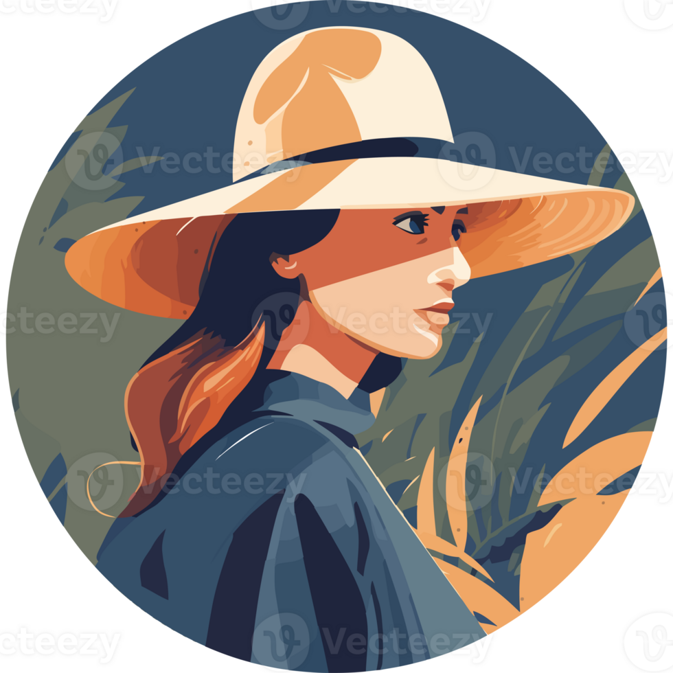 A woman wearing a hat in a round frame png