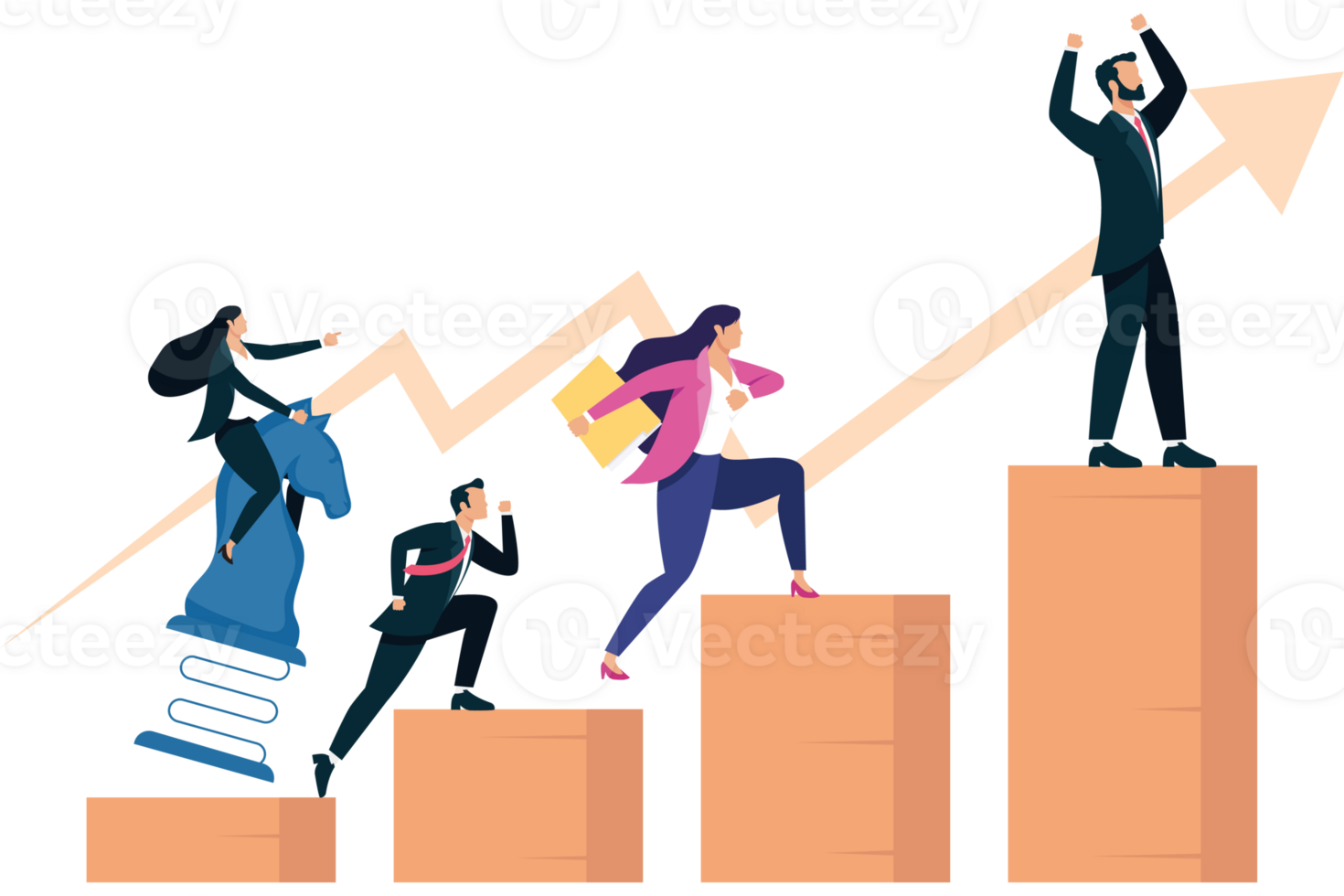 Business people climbing up a graph png