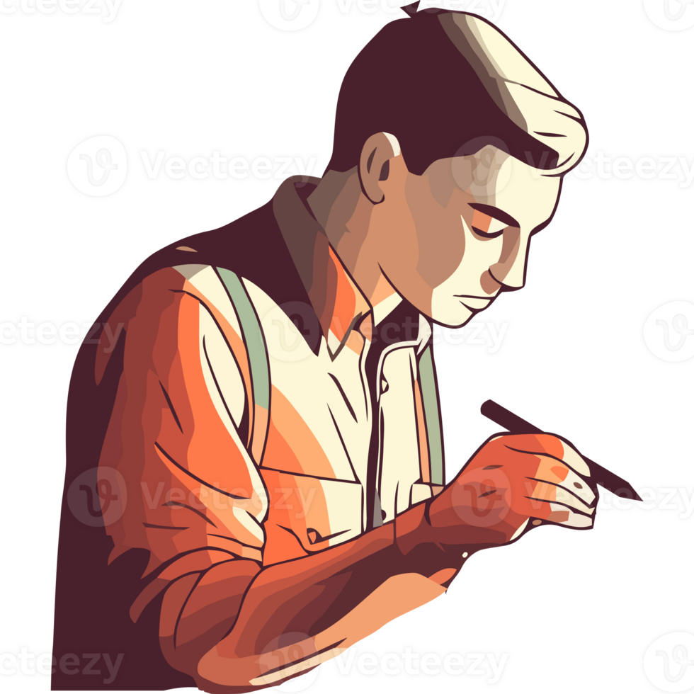 A man in an orange shirt is writing on a piece of paper png