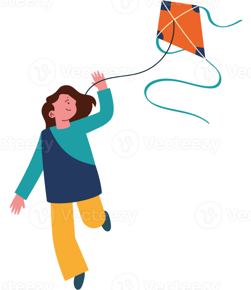 A girl is flying a kite with a string png
