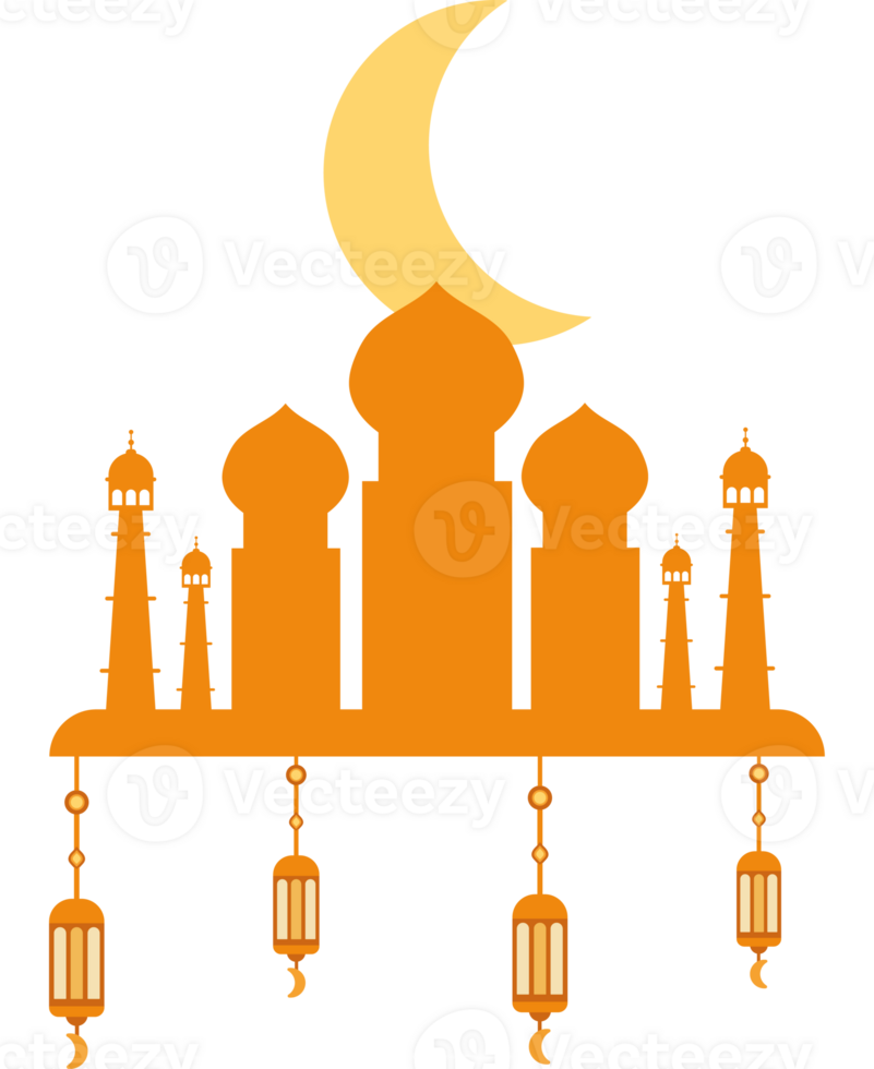An orange mosque with lanterns and crescent png
