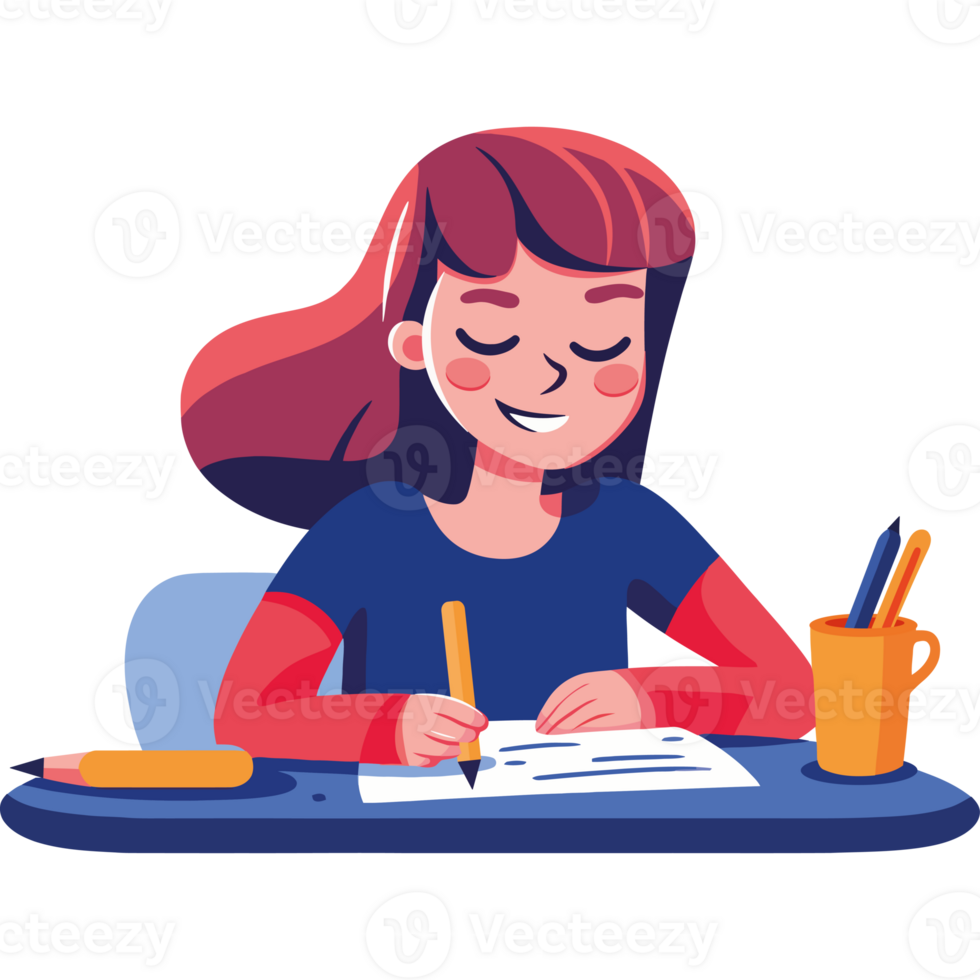 A girl is writing in a notebook and holding a pencil png