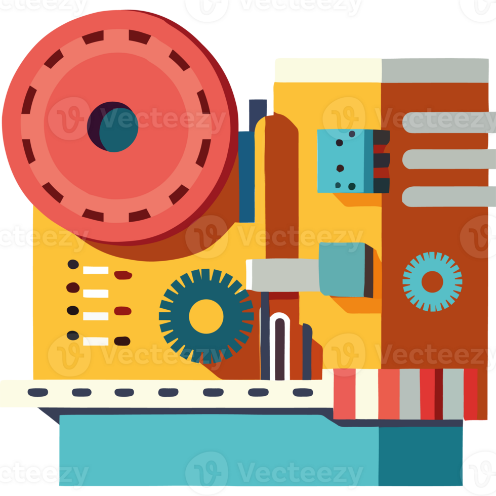 A flat design of a machine with gears and wheels png