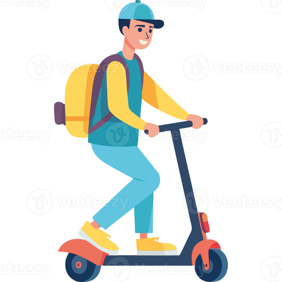 A man riding a scooter with a backpack png
