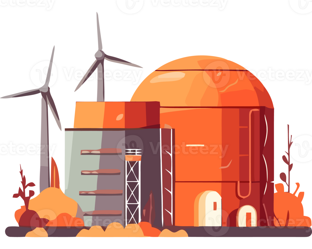 An orange building with wind turbines and a windmill png