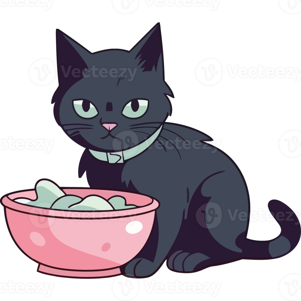A black cat sitting in a pink bowl with a bowl of food png