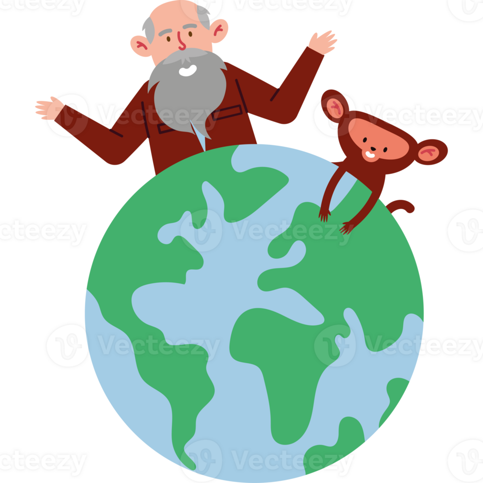 A cartoon man and monkey sitting on top of the earth png