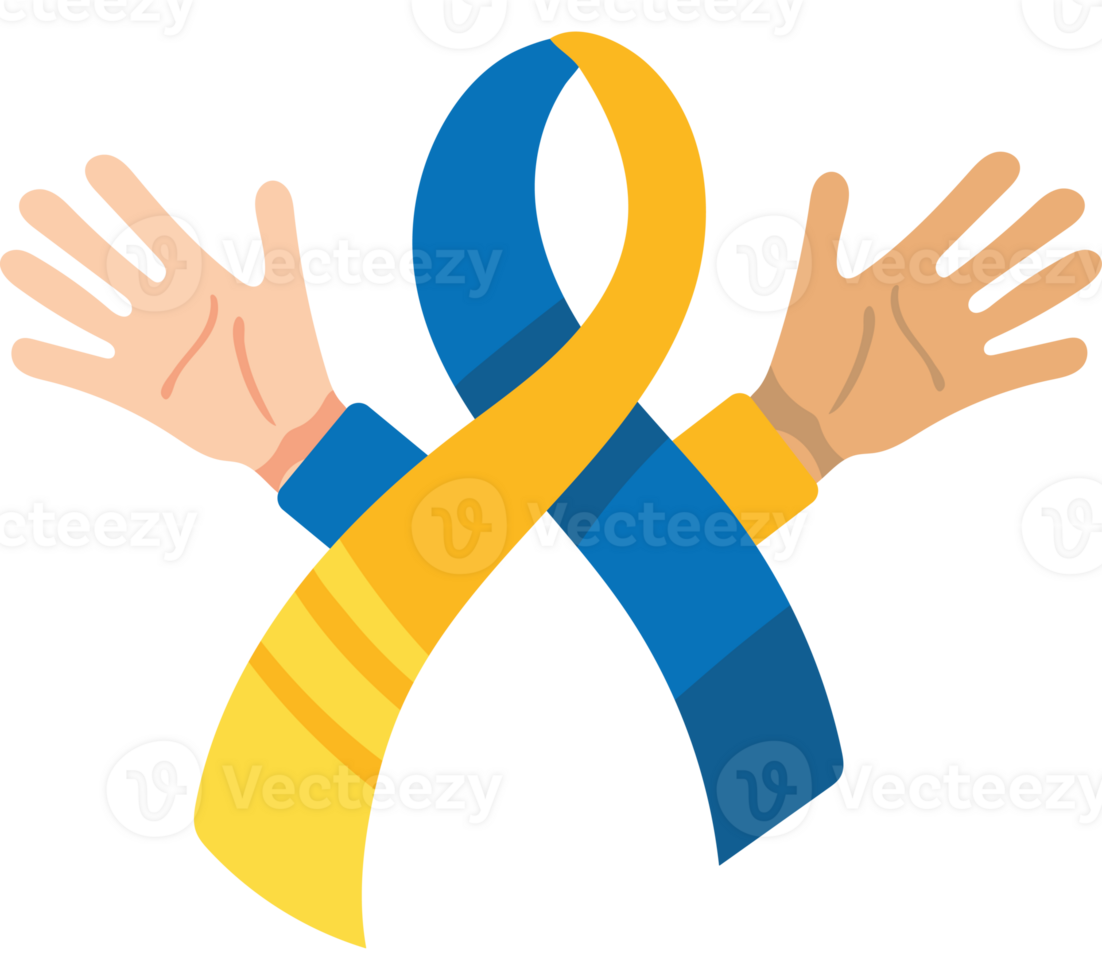 Two hands holding a yellow and blue ribbon png