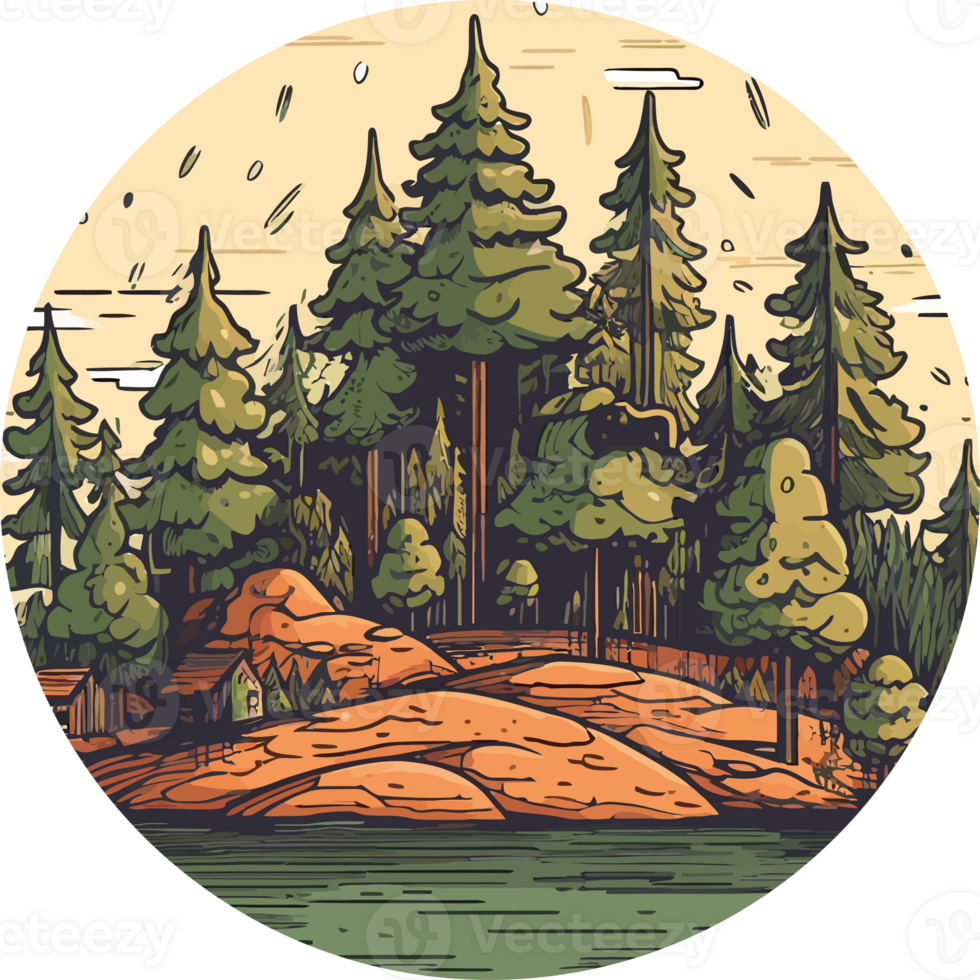 A round illustration of a forest with trees and a lake png