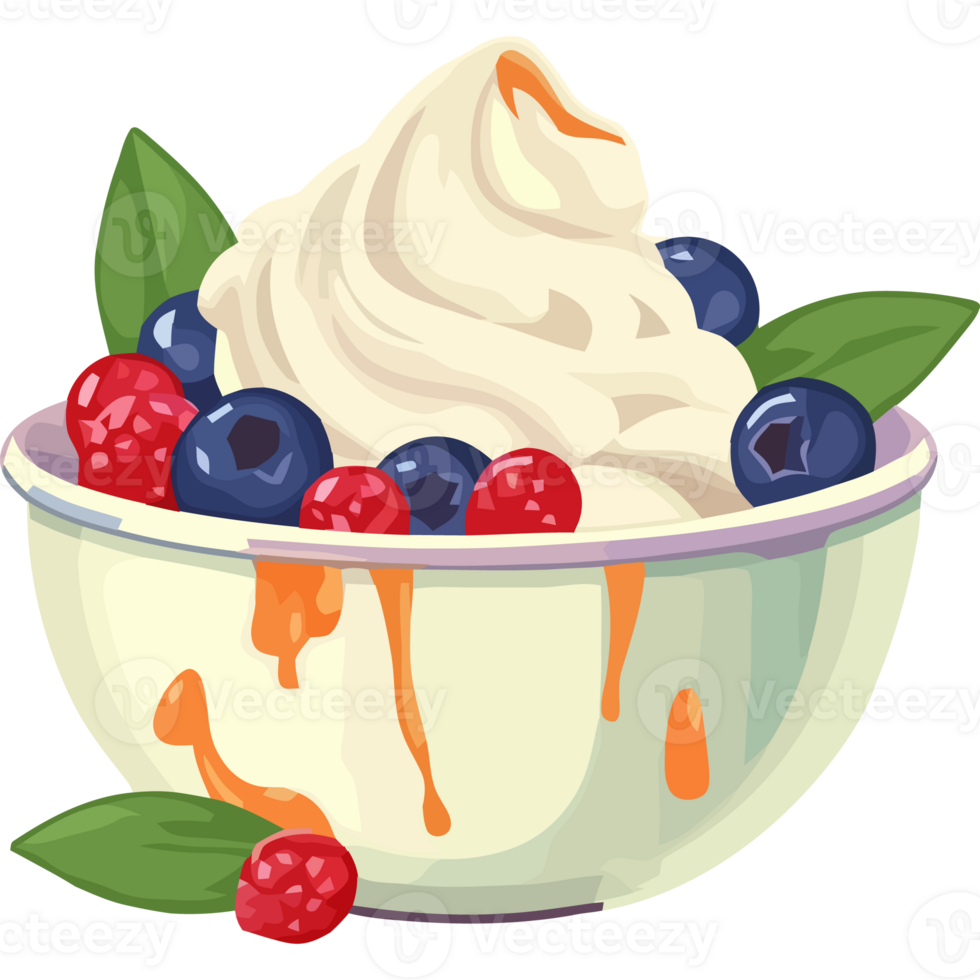 A bowl of yogurt with berries and syrup png