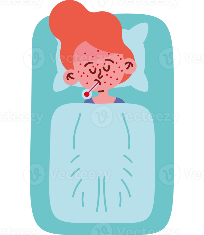 Illustration of a girl with a fever in bed png