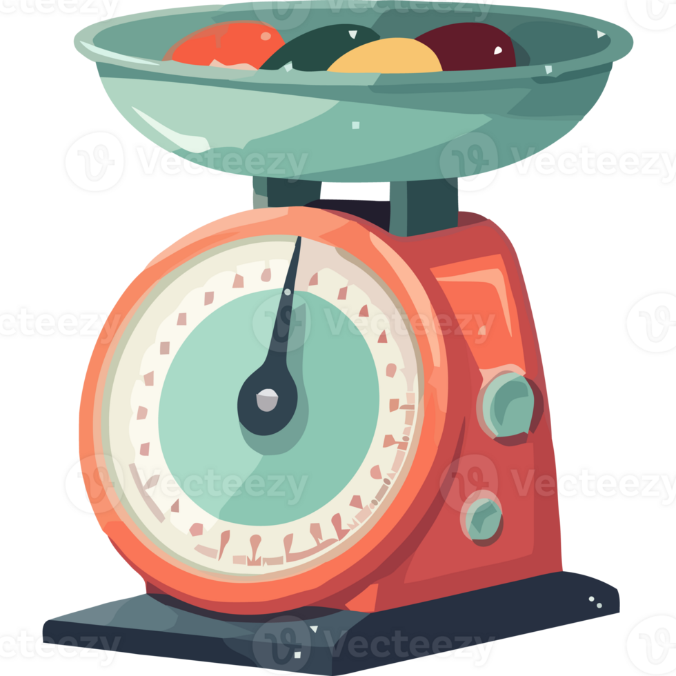 An illustration of a scale with a bowl of eggs png