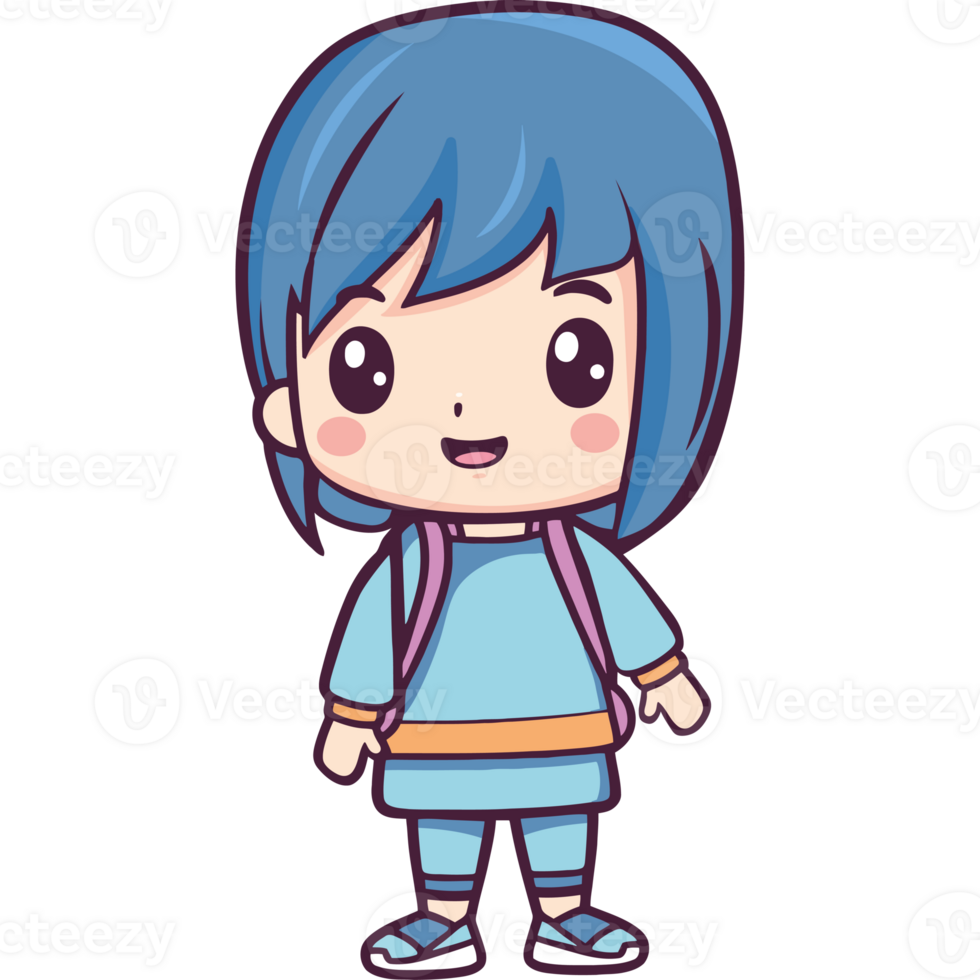 A cartoon girl with blue hair and a backpack png