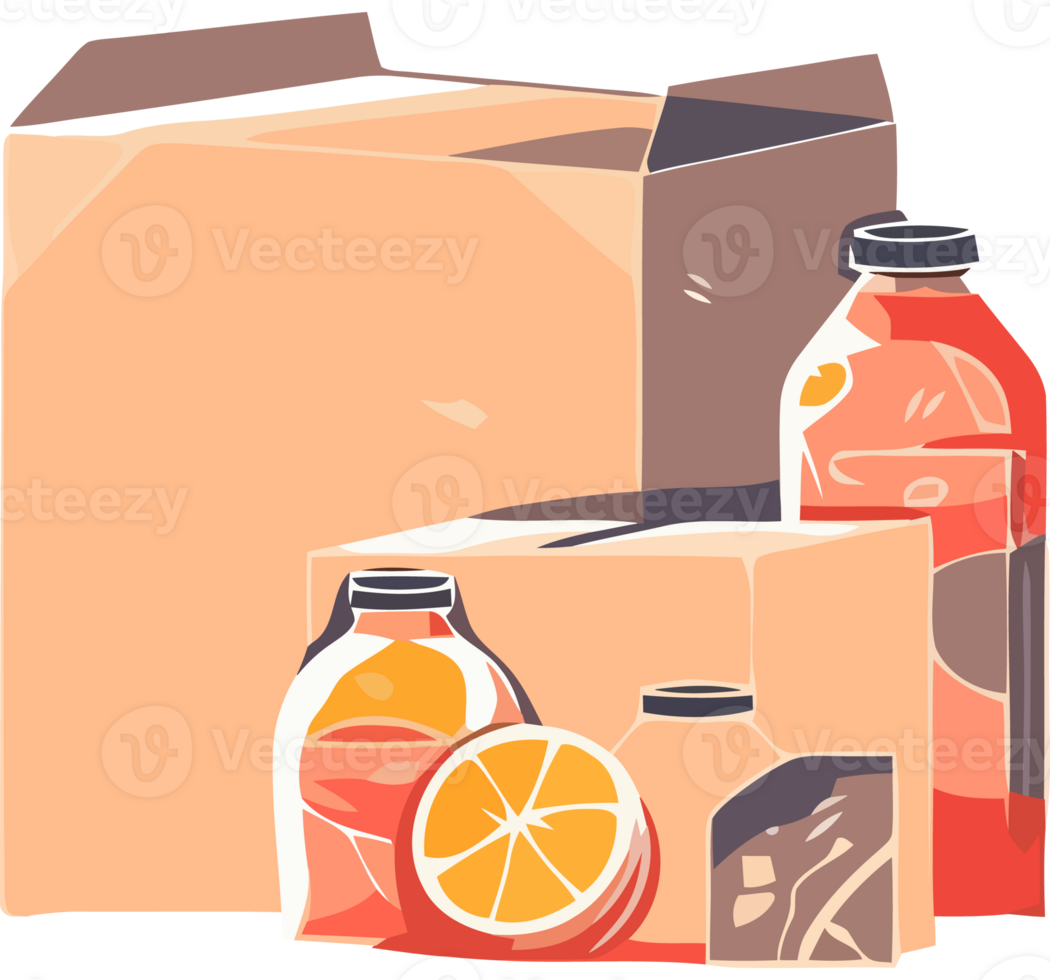 A box with oranges and a bottle of juice png