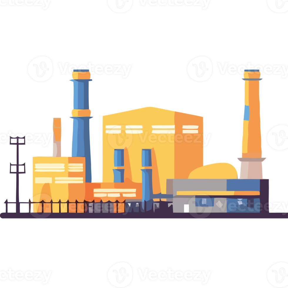 An illustration of a factory with smoke stacks png