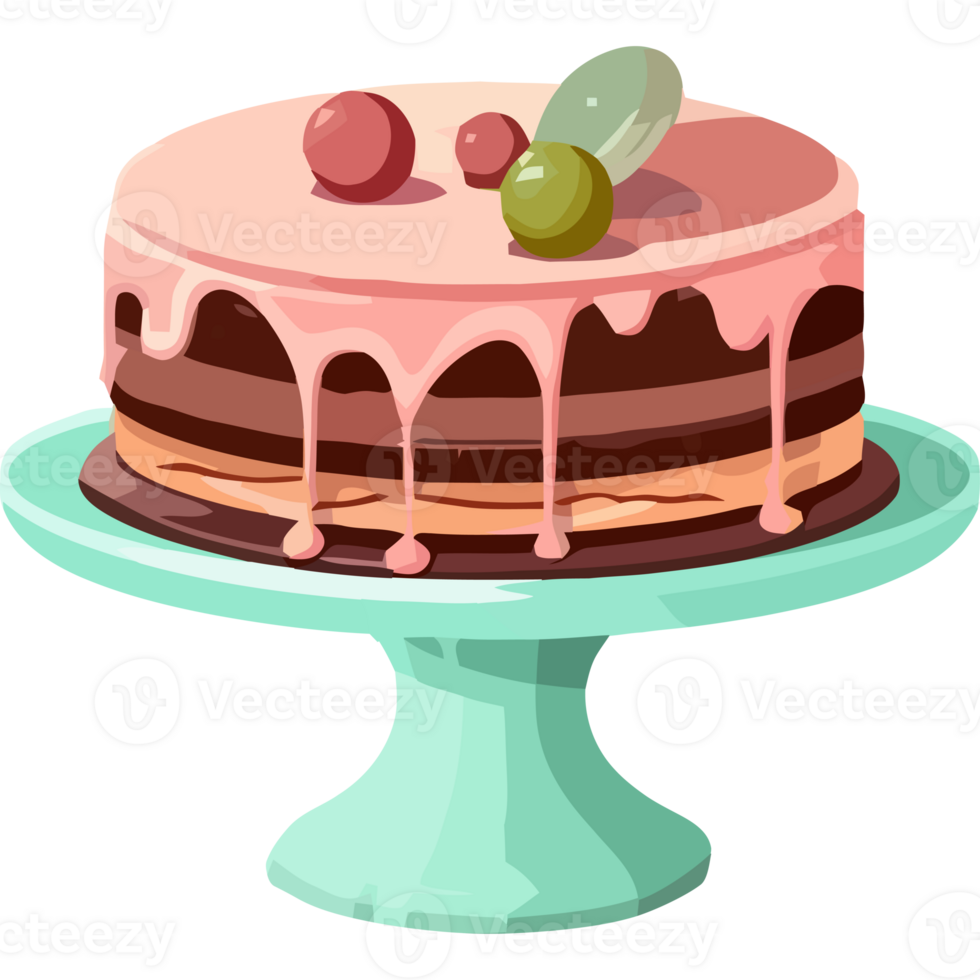 Cake with pink icing and green fruit on a cake stand png