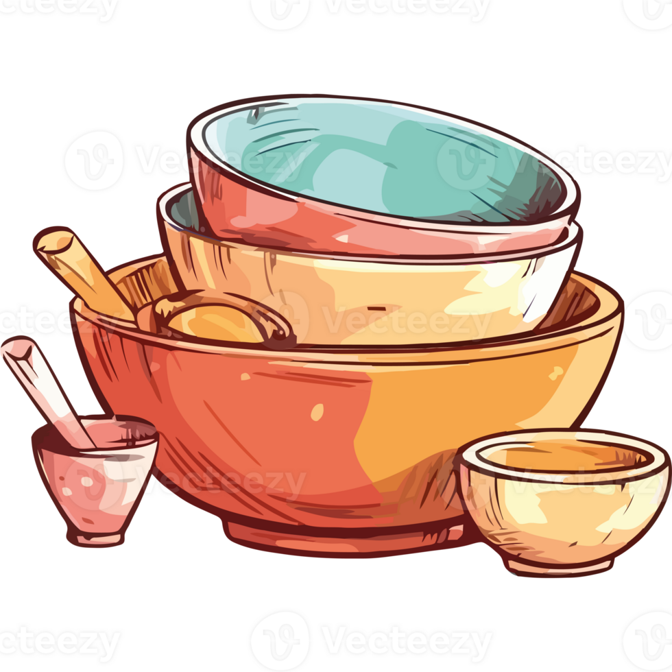 A bowl with two bowls and a spoon png