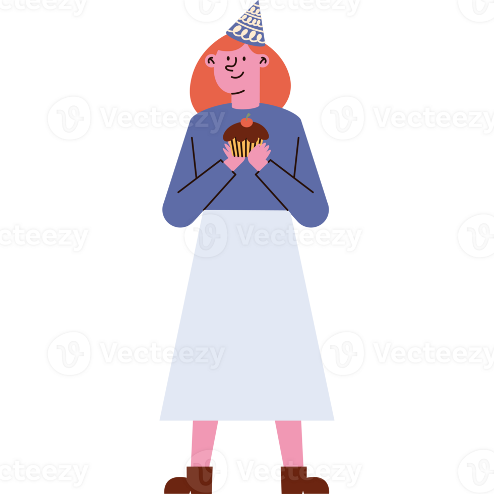 A woman in a party hat holding a cupcake png