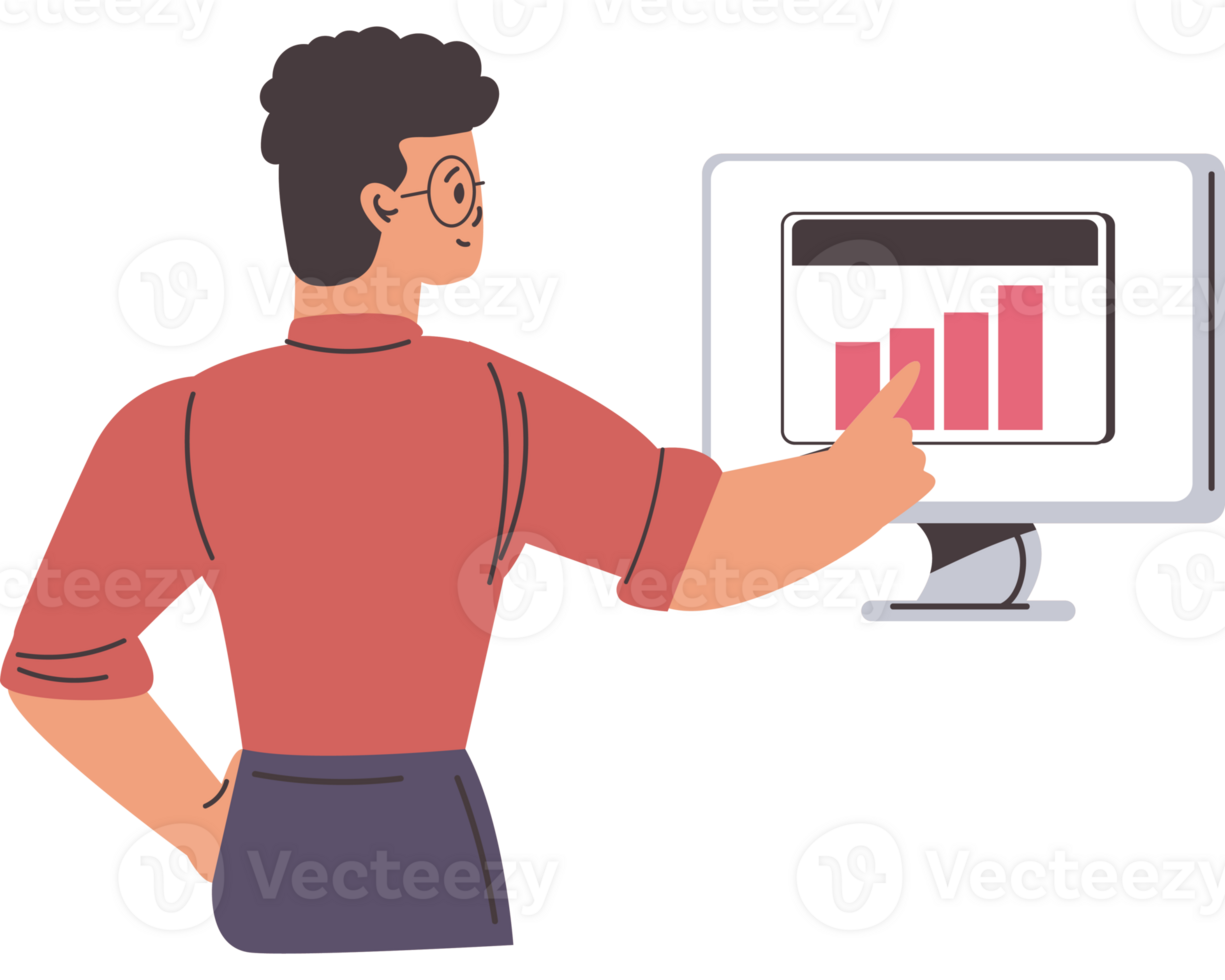 Man pointing at a graph on a computer screen png