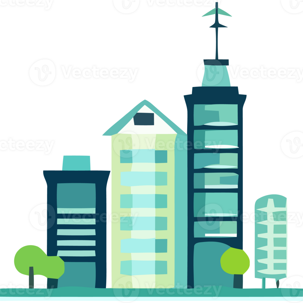 City buildings with trees and a windmill png