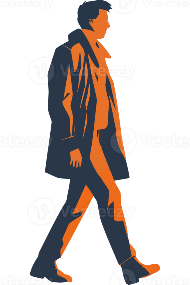 A man walking in an orange and blue coat png