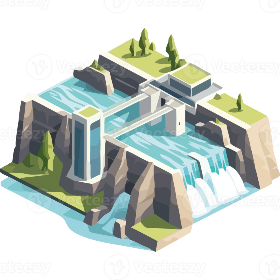 An illustration of a waterfall and a house png