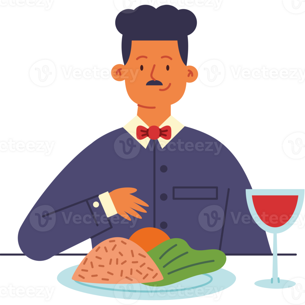 A waiter is sitting at a table with a plate of food and a glass of wine png