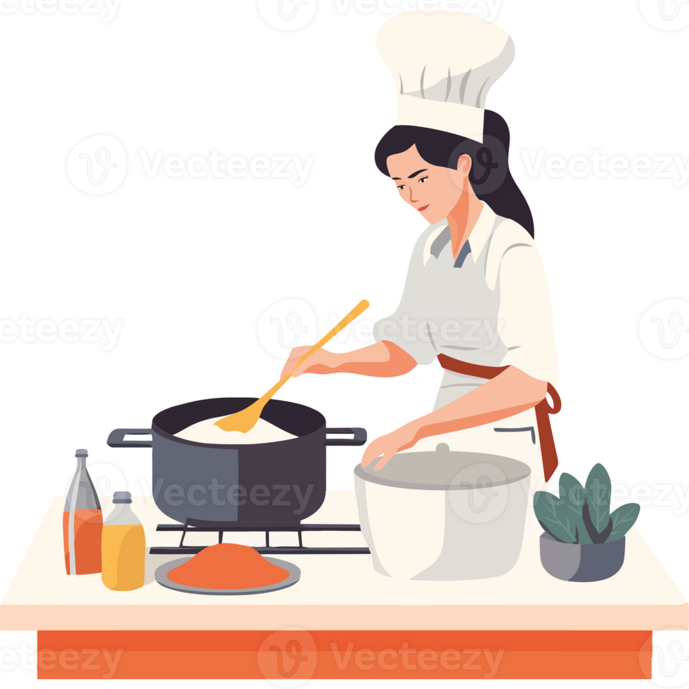 A woman in a chef hat is cooking food png