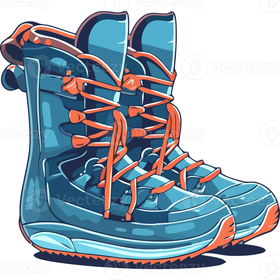 A pair of blue snow boots with orange laces png