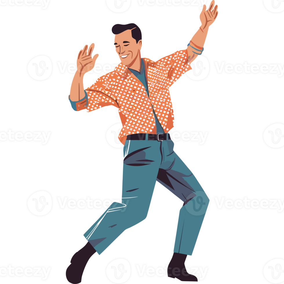 A man in a polka dot shirt and blue jeans dancing png