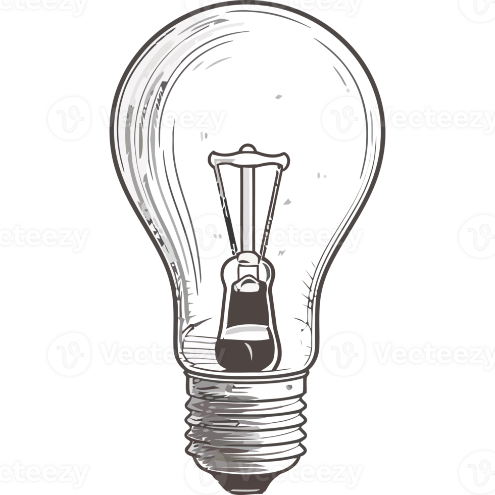 A light bulb is shown in a black and white drawing png