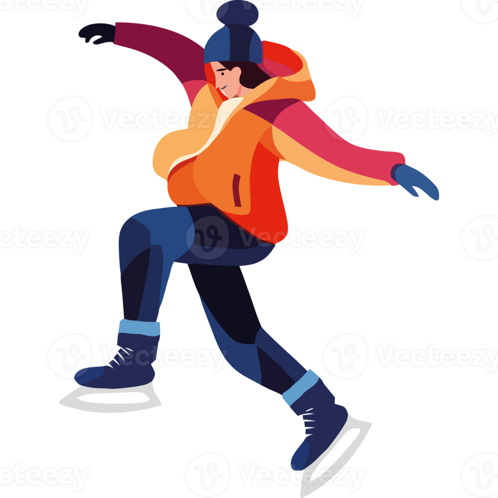 A woman in an orange jacket is skating on ice png
