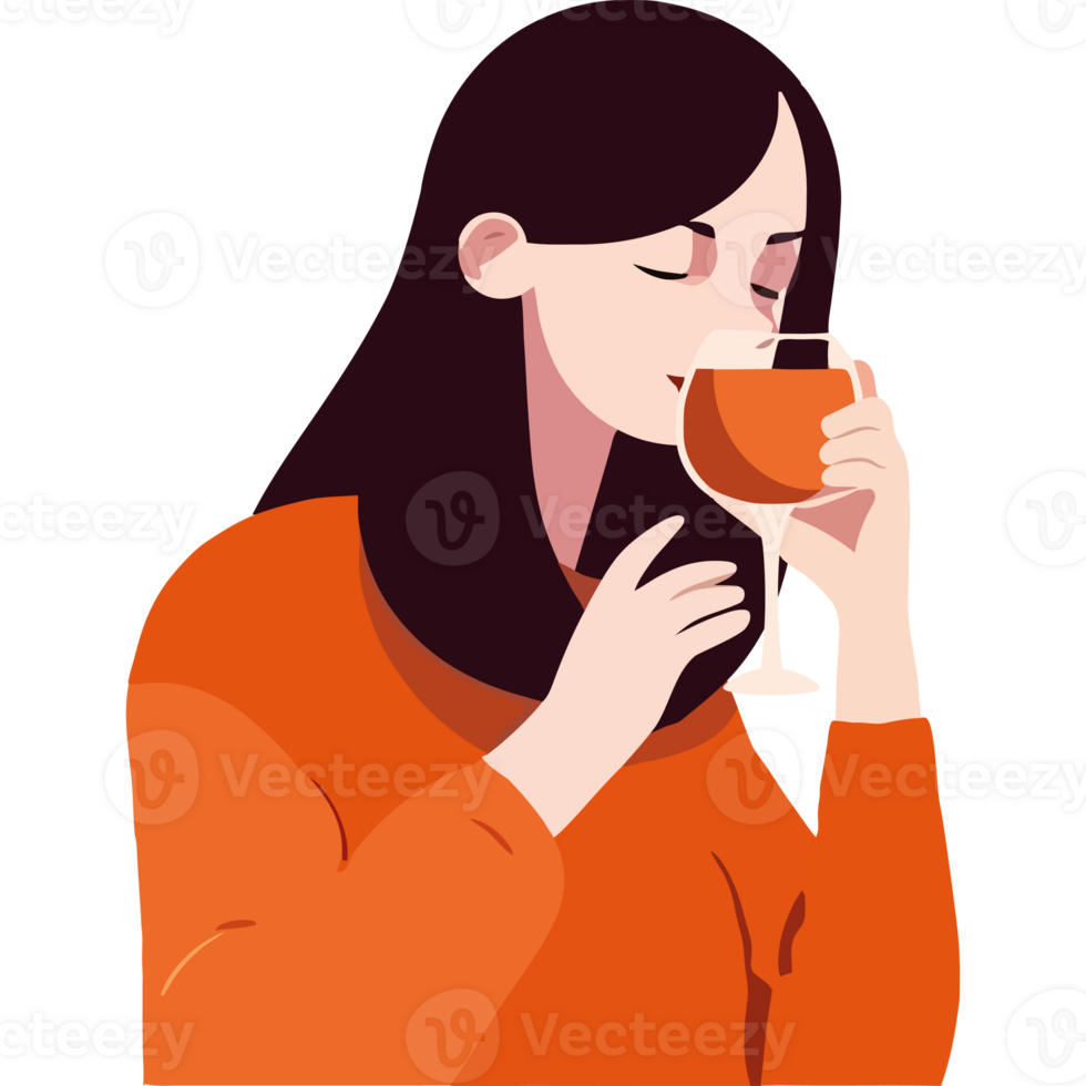 A woman drinking wine in an orange sweater png