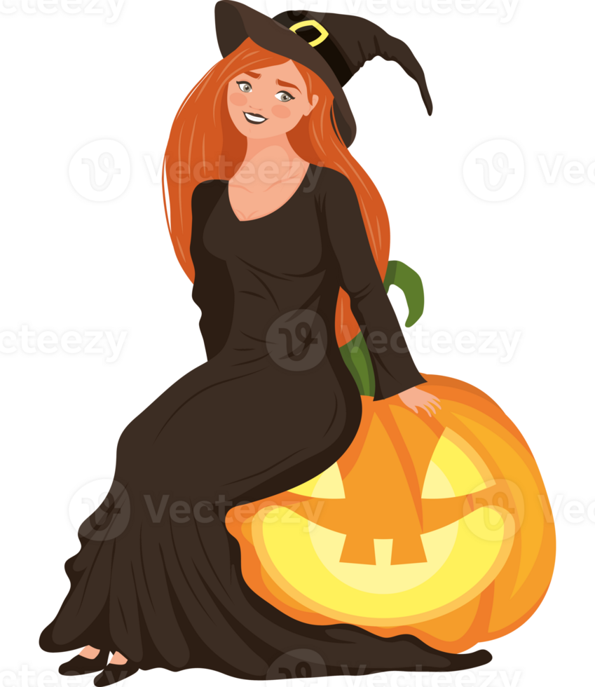 A cartoon witch sitting on a pumpkin png