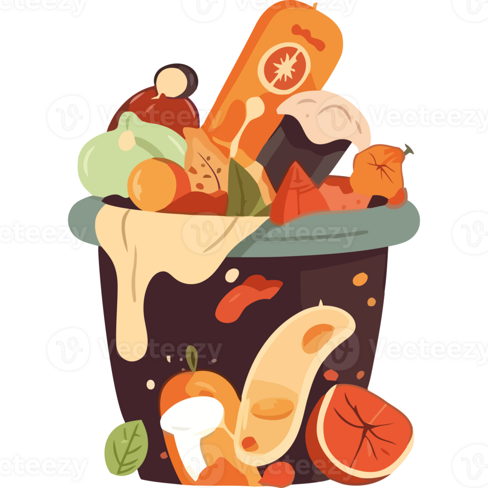 Garbage can with various fruits and vegetables png