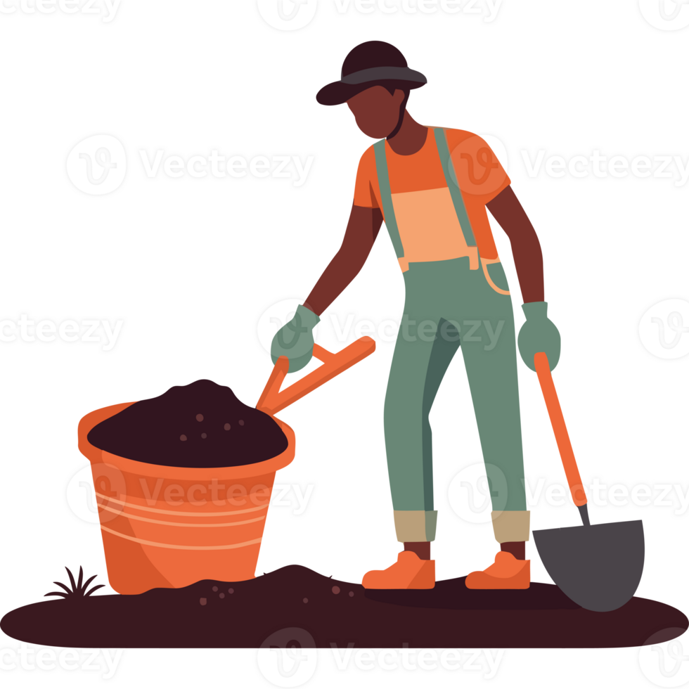 An illustration of a man with a shovel and a bucket png