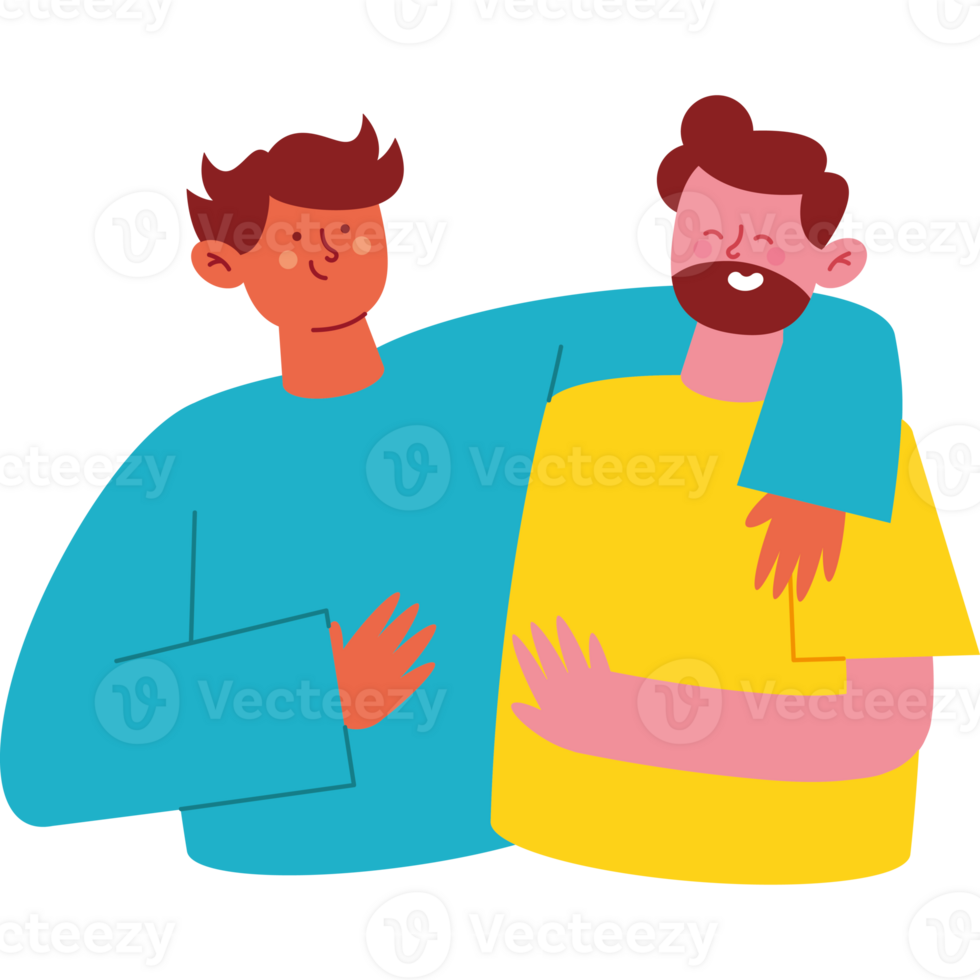 Two men hugging each other, one is wearing a yellow shirt and the other is wearing a blue png