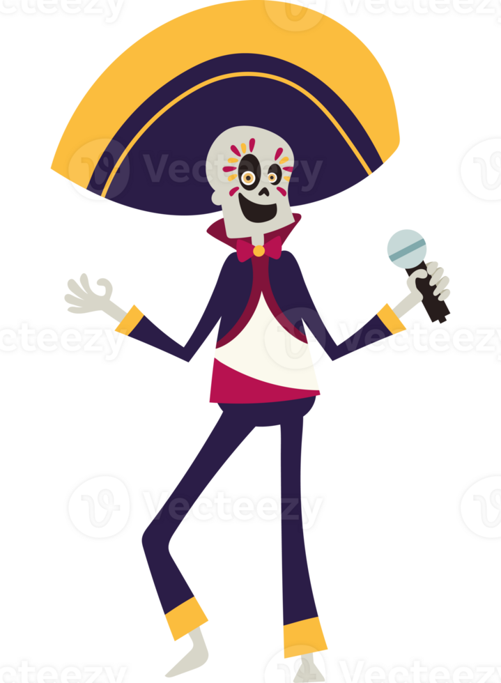 A cartoon skeleton with a sombreno and a microphone png