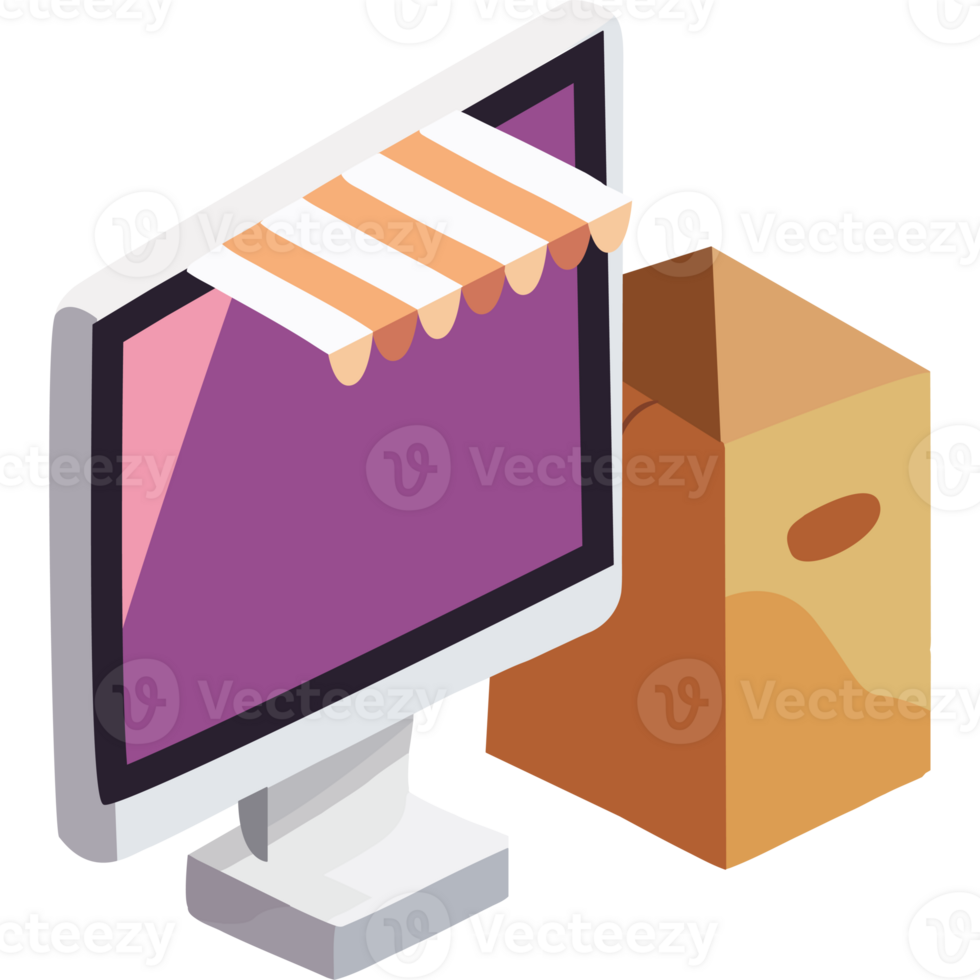 A computer monitor and a box with a purple awning png