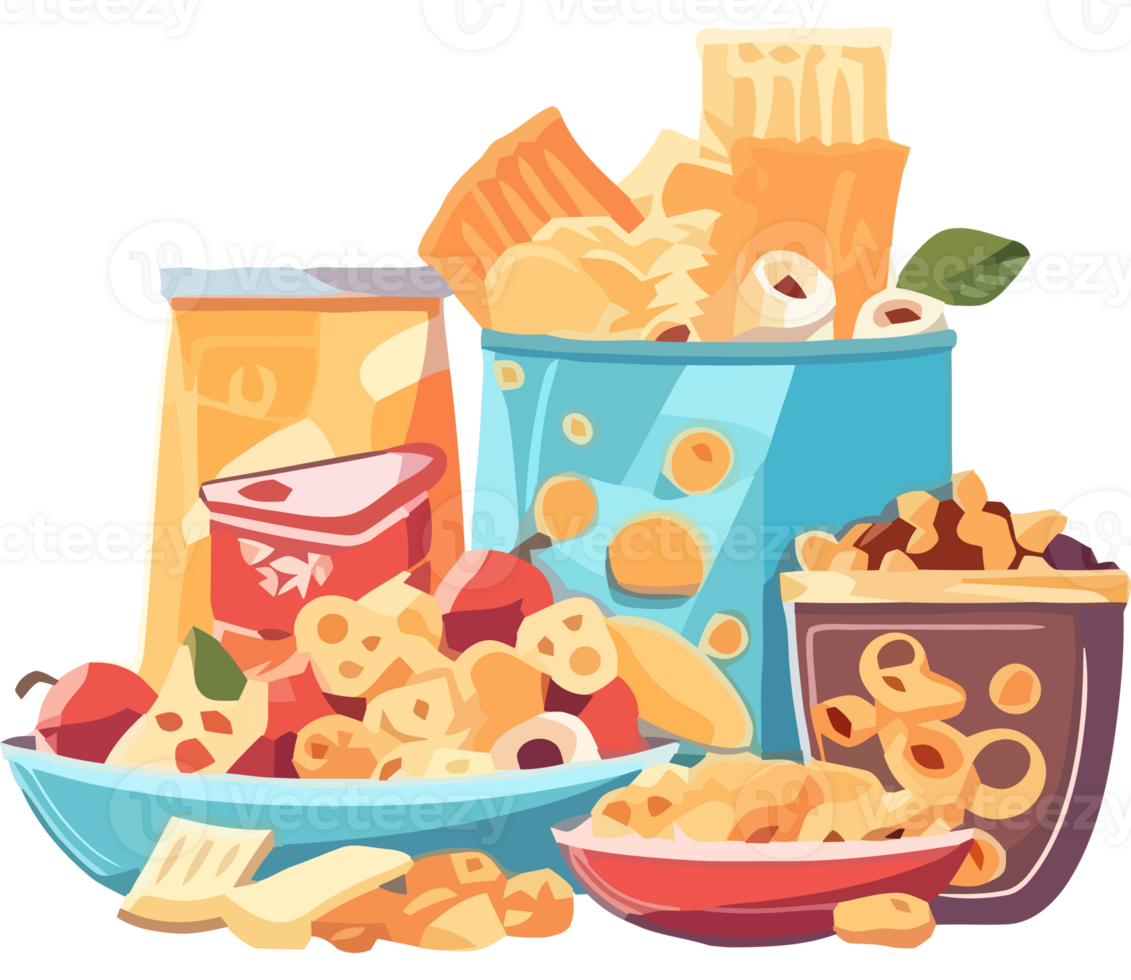 Foods in a can, including chips, crackers, and nuts png