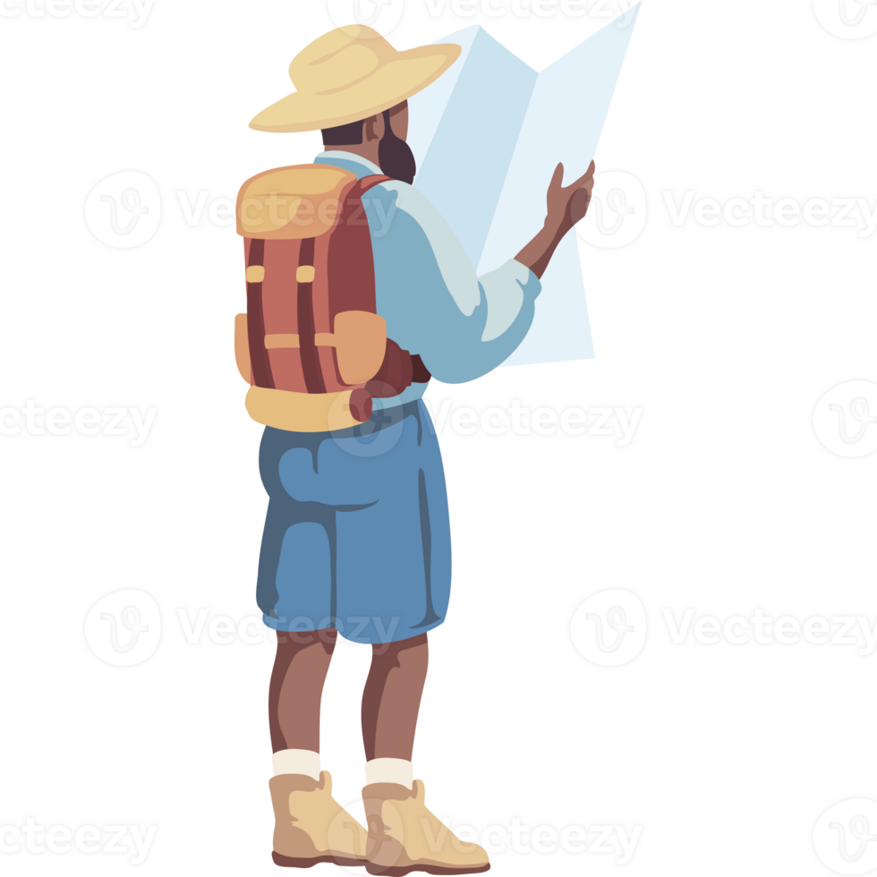 Man with backpack and map looking at a map png